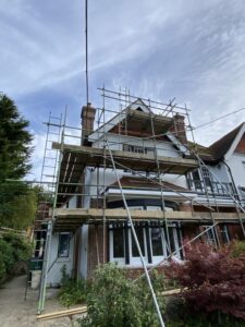 Scaffolding erected for wall tie replacement works at a property in Hythe, Kent