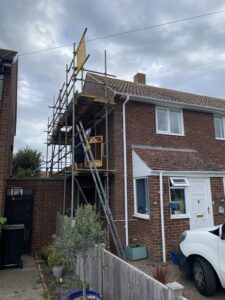 Scaffolding erected for wall tie replacement at Godwin Road, Deal, Kent